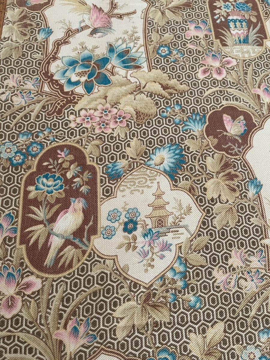 Beautiful Printed Fabric Footage - Lotus, Butterflies And Chinese Architecture Decor