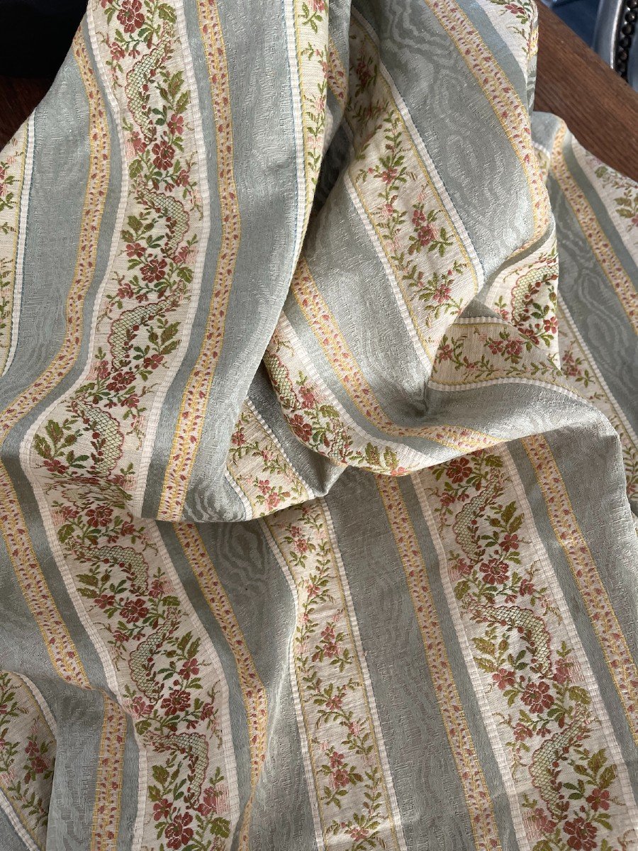 Footage Of Jacquard Silk Fabric Antique 19th Century Blue Gray And Floral Decor