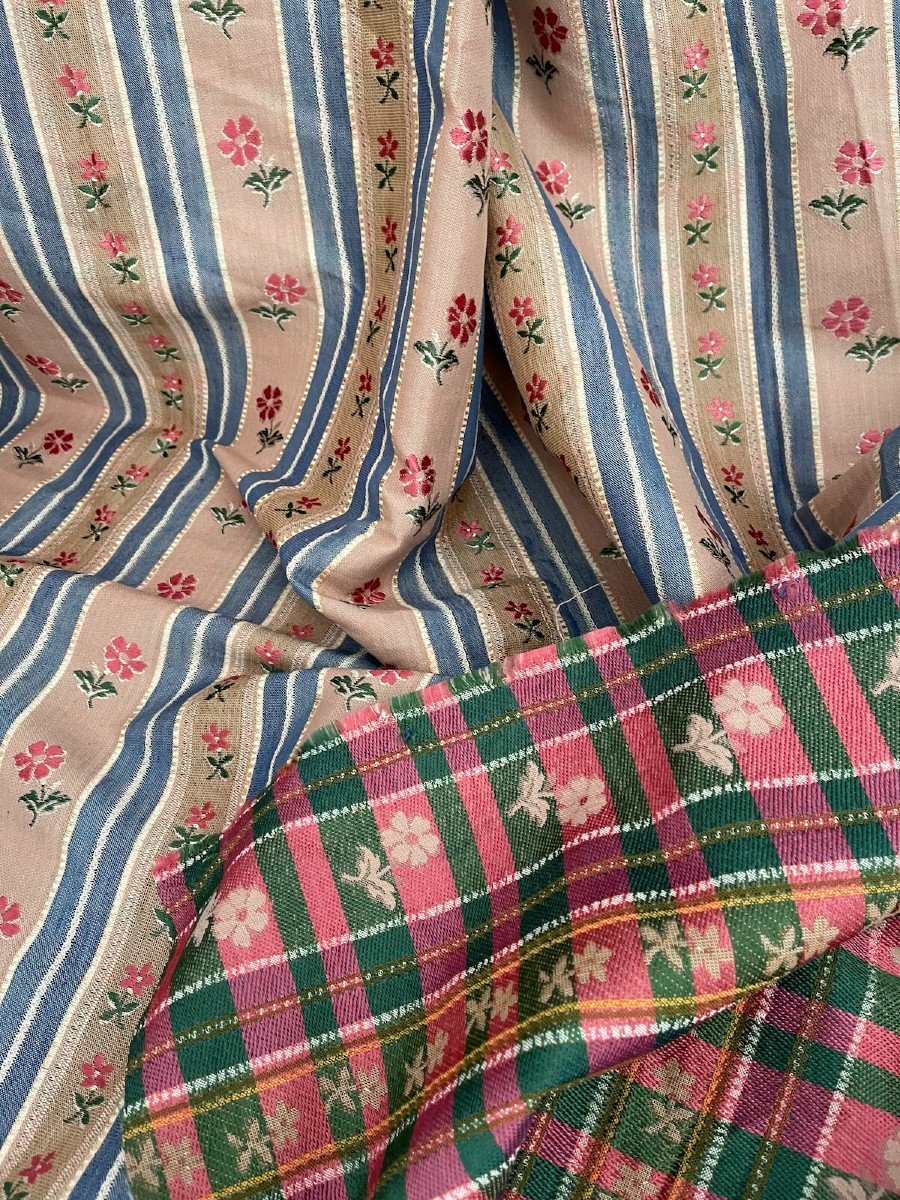 Footage Of Silk Jacquard Fabric With Stripes And Floral Decoration-photo-2