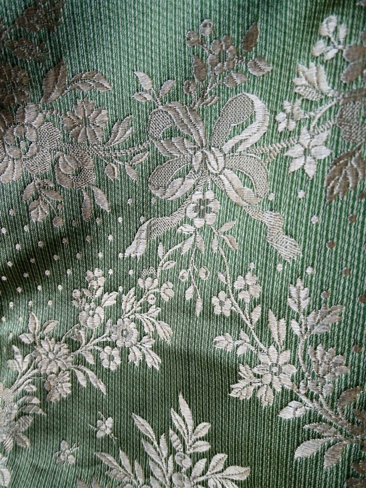 Etoffe En Soie Verte Et Beige Coupon Ancien, époque XIXème Tapisser Sièges Et Coussins-photo-4