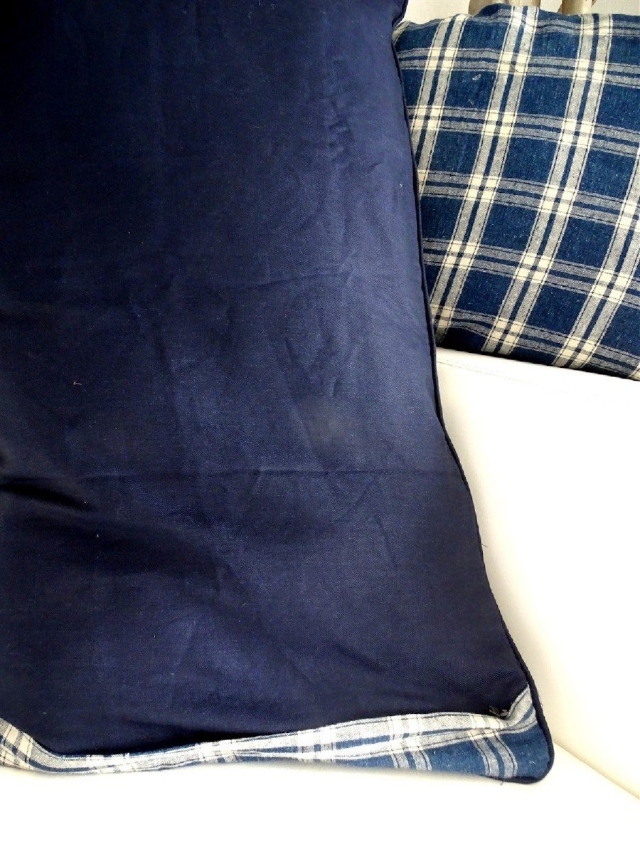 Paire De Trés Larges Coussins Indigo Et Blanc Toile Ancienne-photo-2