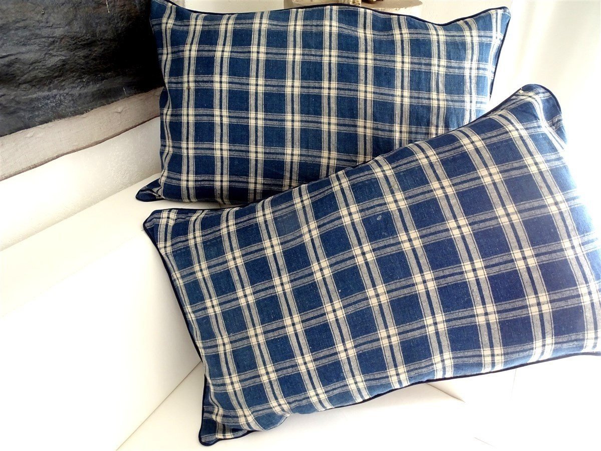 Paire De Trés Larges Coussins Indigo Et Blanc Toile Ancienne-photo-3