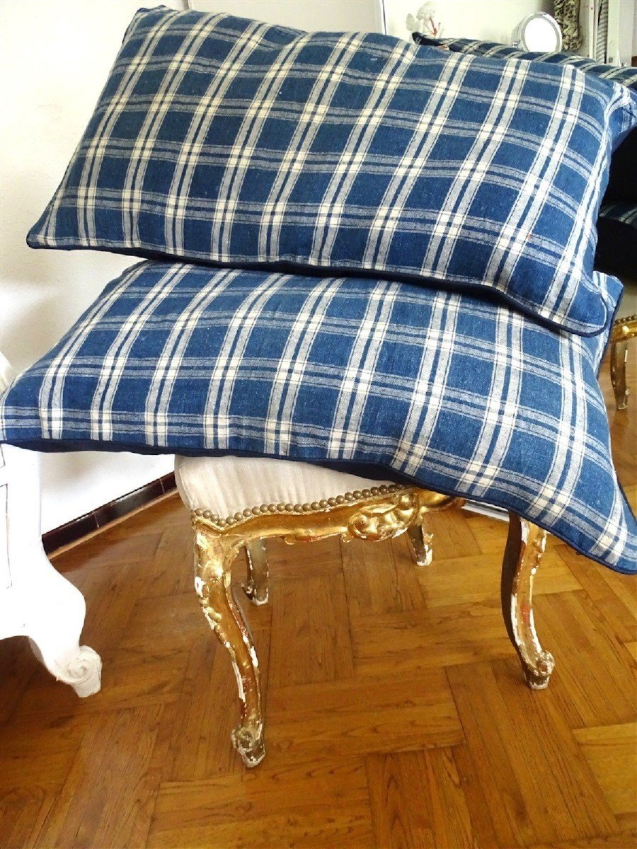 Paire De Trés Larges Coussins Indigo Et Blanc Toile Ancienne-photo-1