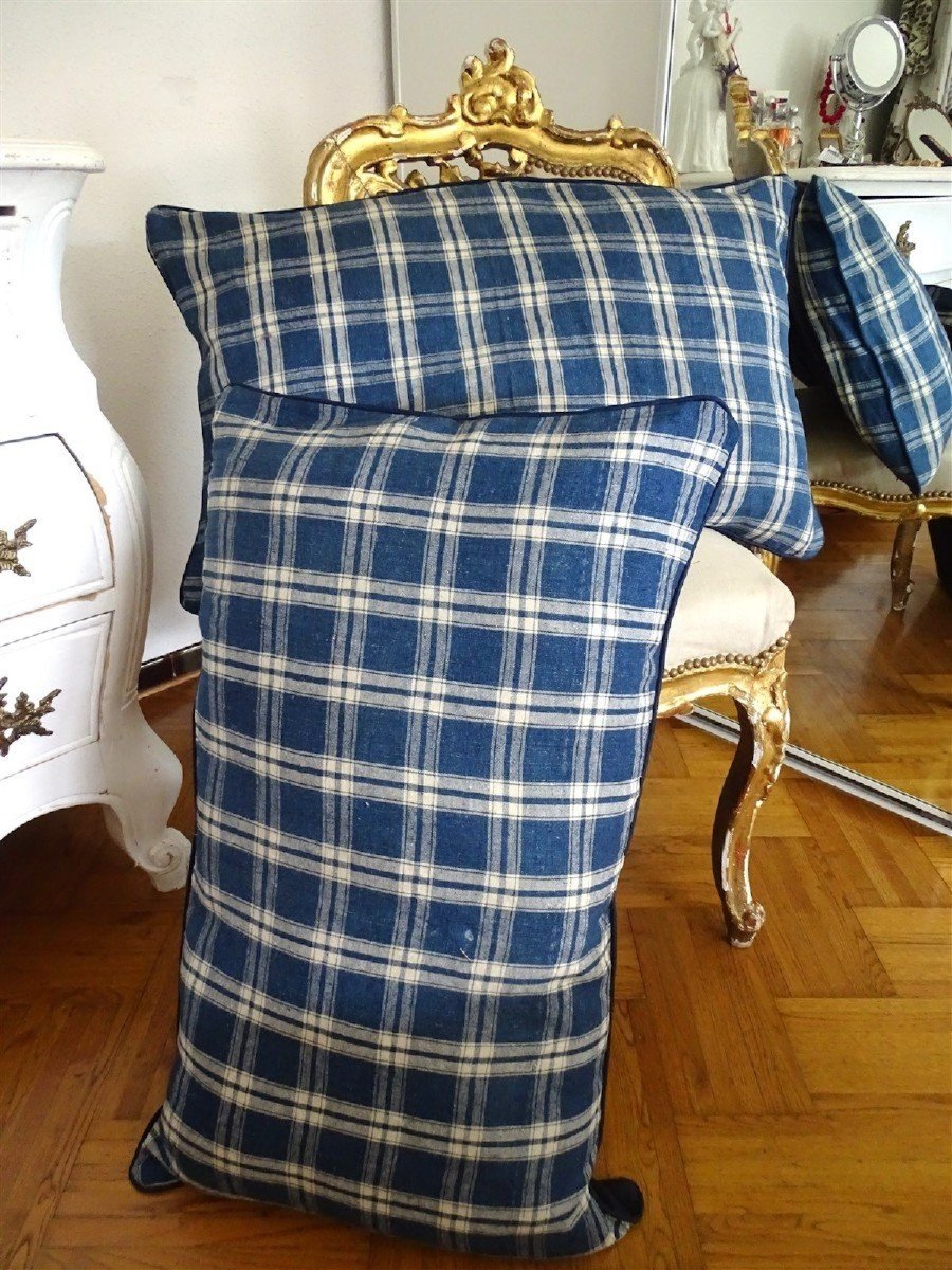 Paire De Trés Larges Coussins Indigo Et Blanc Toile Ancienne-photo-3