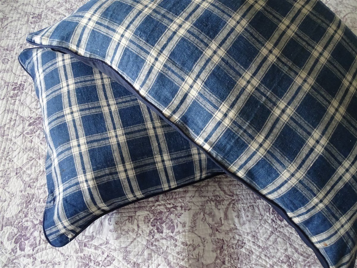 Paire De Trés Larges Coussins Indigo Et Blanc Toile Ancienne-photo-8