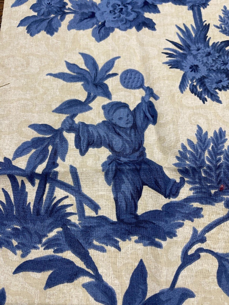 Fragment De Tissu  Au Décor Et Personnages Chinois  De Couleur Bleue-photo-2