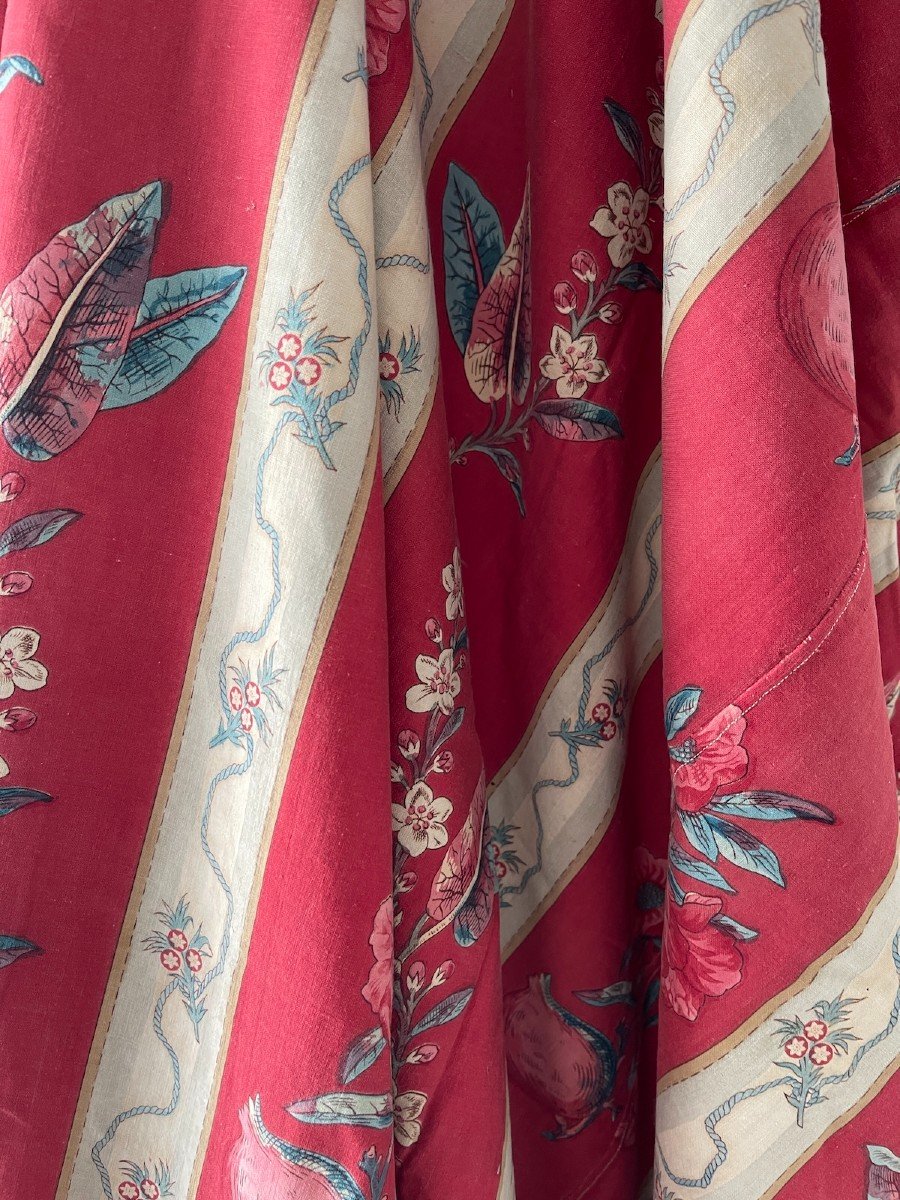 Pomegranate Flowers And Pomegranate For This Yardage Old Fabric Red Background 19th Century -photo-2