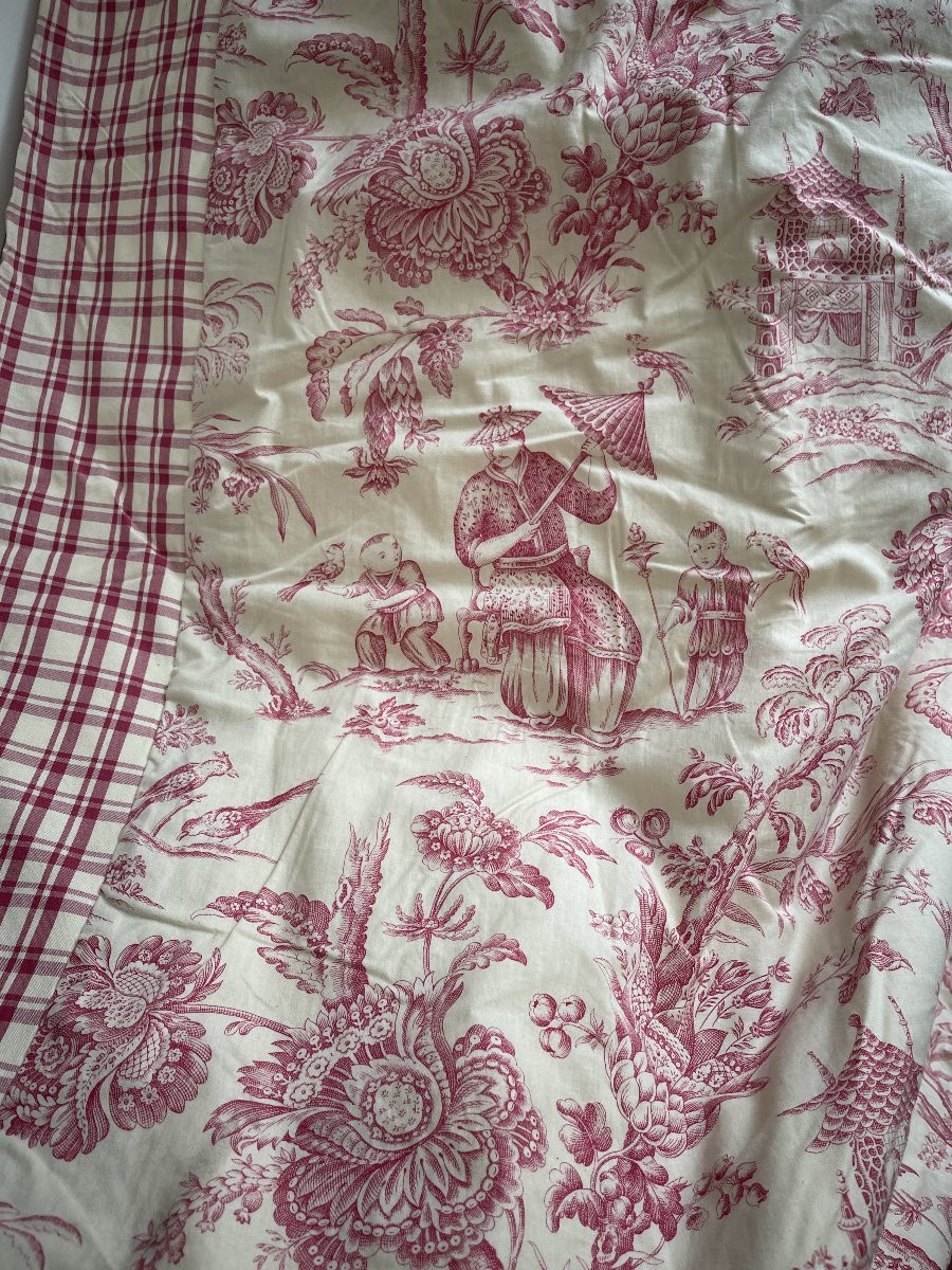 Printed Fabric Curtain With Chinese Decor On One Side, Checked Fabric On The Other Side-photo-2