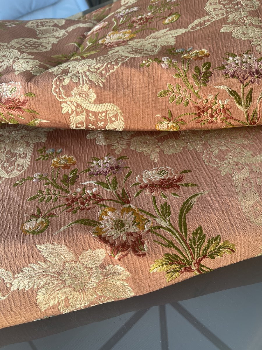 360 cm x128 cm  Paire De Rideaux En Soie De Lyon – XIXᵉ Siècle – Motif Floral Baroque Tentures -photo-3