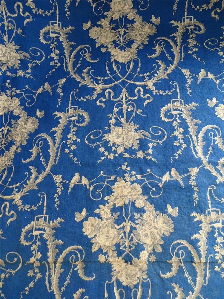 Toile Bleue Imprimée XIXème Decor Floral Papillons Et Oiseaux-photo-2