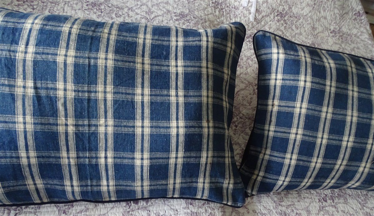 Pair Of Very Large Indigo And White Old Canvas Cushions-photo-7