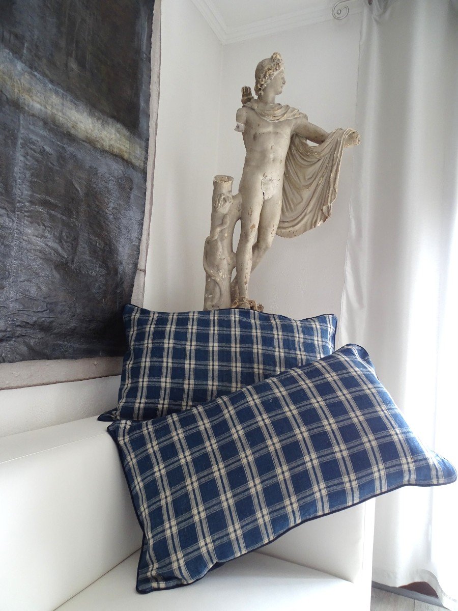 Pair Of Very Large Indigo And White Old Canvas Cushions