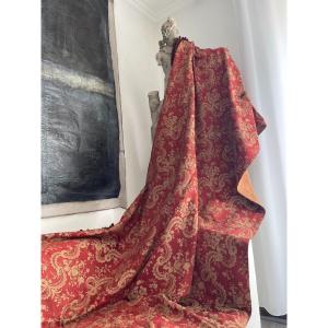 Pair Of 19th Century Hangings Silk And Linen Furnishing Fabric With Trimmings Braid