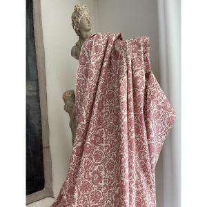 Pair Of Vintage Curtains In Old Rose Printed Fabric 