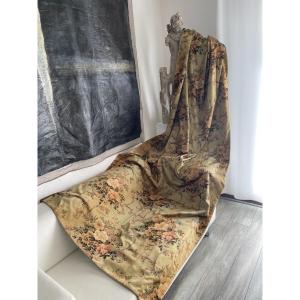 Pair Of Antique Curtains In Lime Green Upholstery Fabric And Bouquets