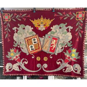 Important Antique Heraldic Coat Of Arms Embroidery Topped With A Majestic Crown