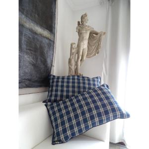 Pair Of Very Large Indigo And White Cushions In Antique Canvas