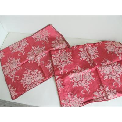 2 Housses De Coussin Soie Satin Bouquets De Roses Enrubannées