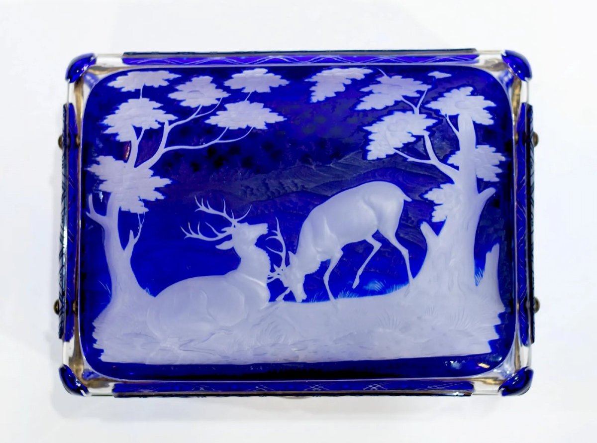 Rare Ancient Bohemian Glass Monumental Box Engraved With Forest Scenes With Deer, Bird-photo-8