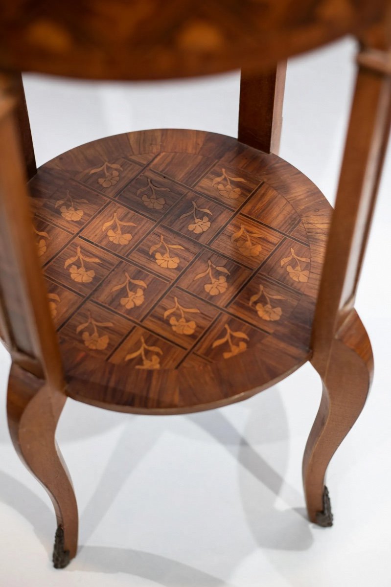Table Basse Ancienne En Marqueterie Avec Plateau En Porcelaine, XIX Siècle-photo-3