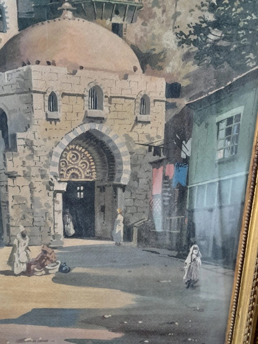 La Peinture Orientaliste  Antique Dépeint La Vue Carrée Avec La Mosquée Et Les Personnes-photo-3