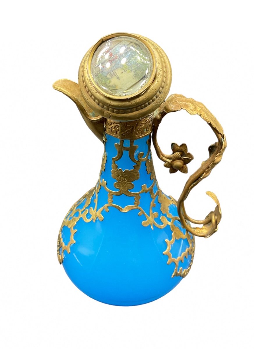 Antique French Opaline Blue Glass Ewer Bronze Mounted With Miniature On A Lid,epoque Napoleon -photo-2