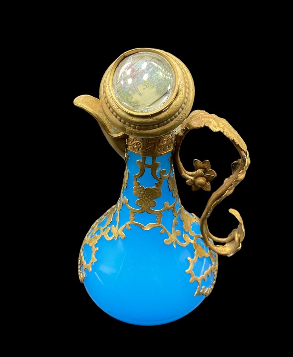 Antique French Opaline Blue Glass Ewer Bronze Mounted With Miniature On A Lid,epoque Napoleon -photo-1