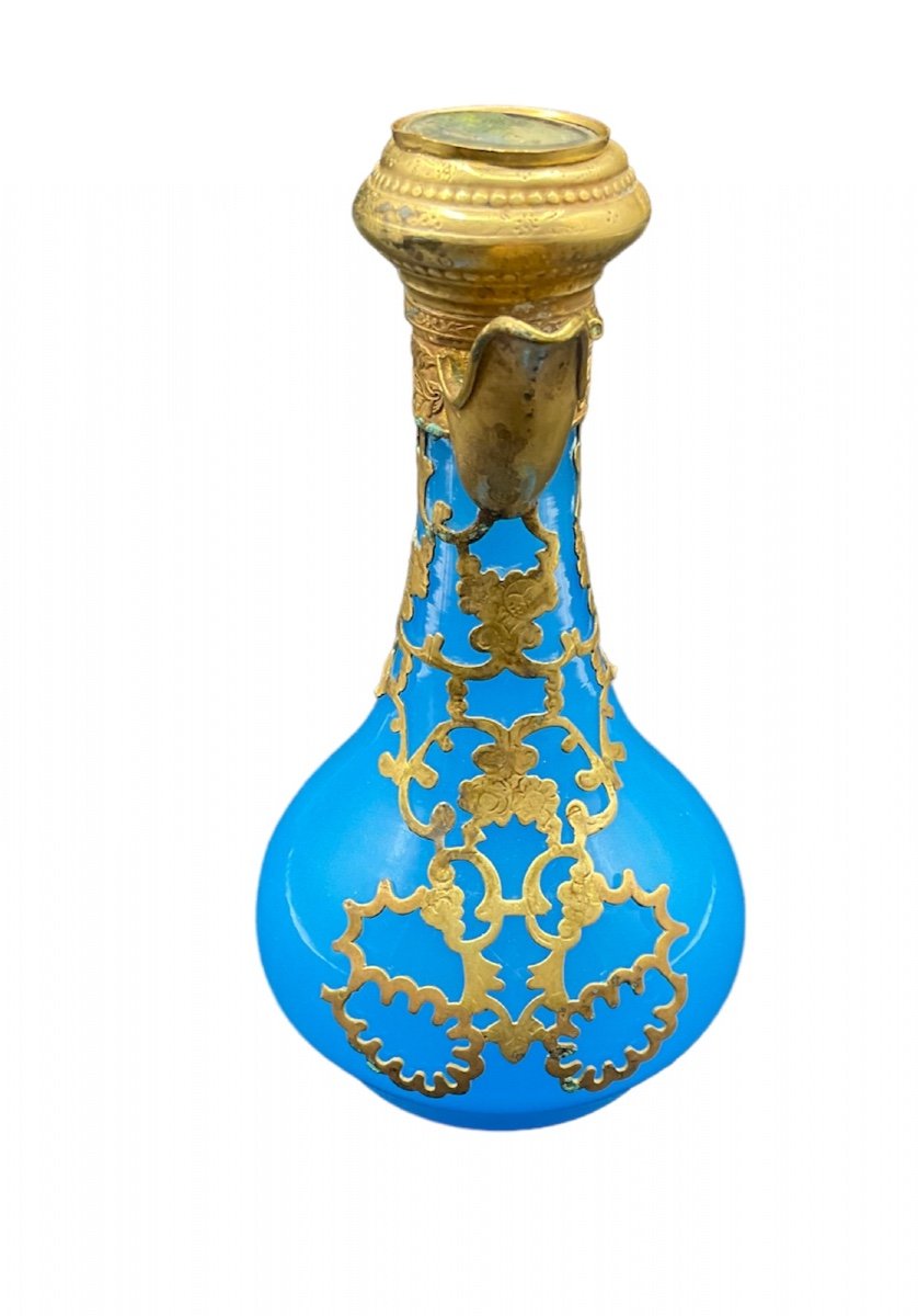 Antique French Opaline Blue Glass Ewer Bronze Mounted With Miniature On A Lid,epoque Napoleon -photo-3