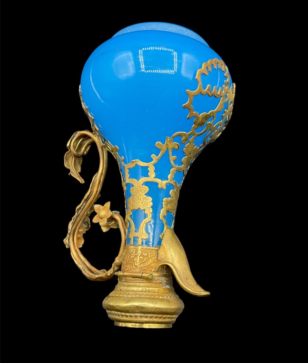 Antique French Opaline Blue Glass Ewer Bronze Mounted With Miniature On A Lid,epoque Napoleon -photo-4