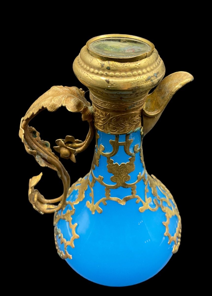 Antique French Opaline Blue Glass Ewer Bronze Mounted With Miniature On A Lid,epoque Napoleon -photo-5