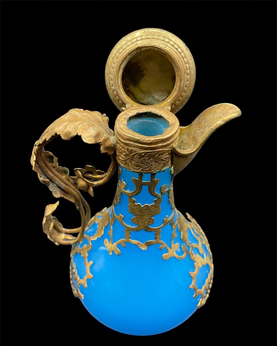 Antique French Opaline Blue Glass Ewer Bronze Mounted With Miniature On A Lid,epoque Napoleon -photo-7