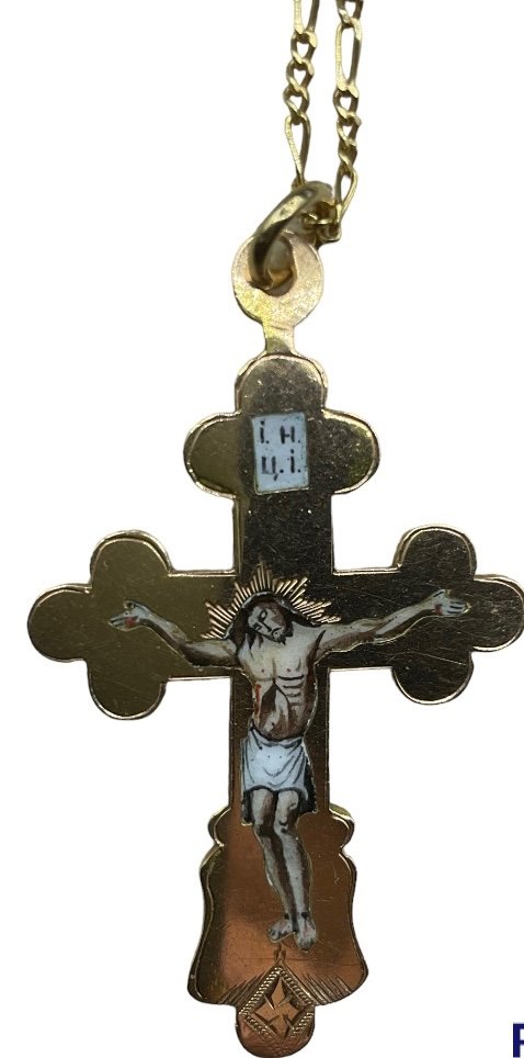 Russian Imperial Gold Enamel Cross Pendant,hallmark 56 With Kokoshnik And Inscribed Bless Save-photo-3