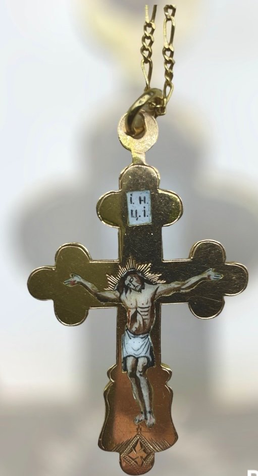 Russian Imperial Gold Enamel Cross Pendant,hallmark 56 With Kokoshnik And Inscribed Bless Save-photo-2