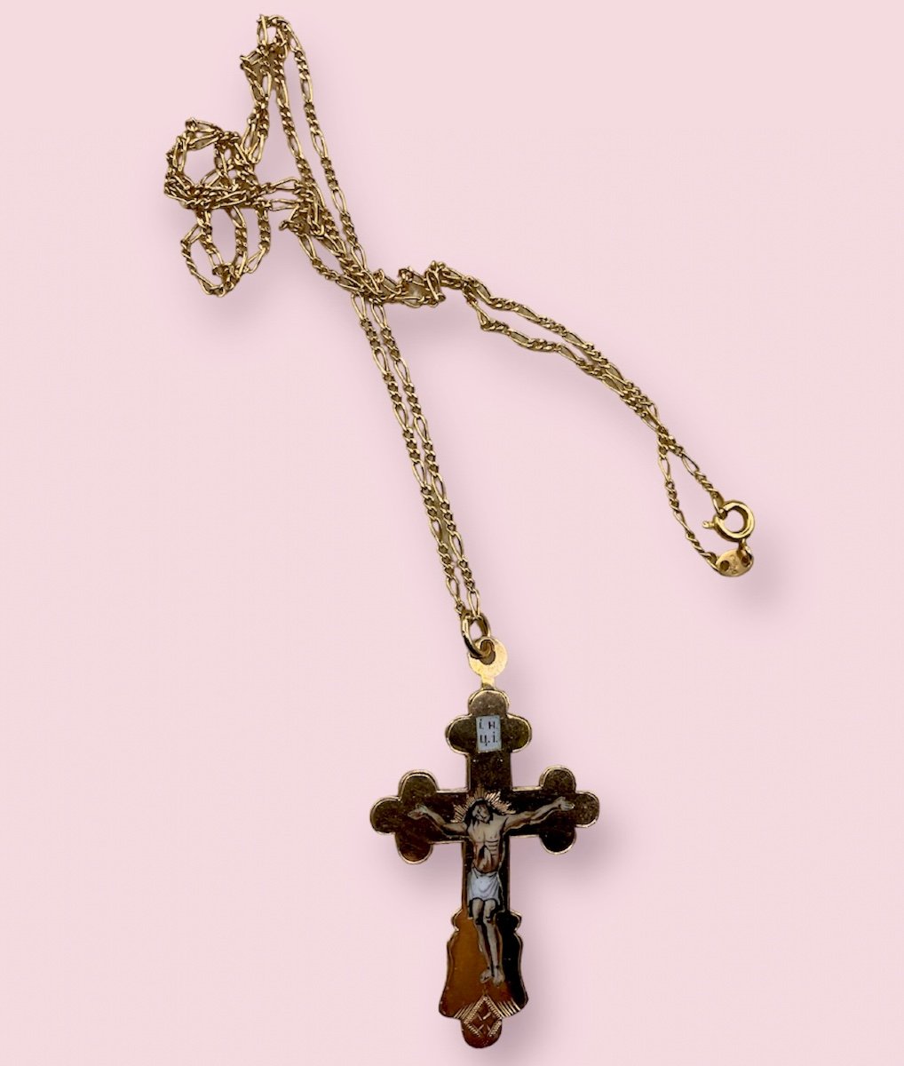 Russian Imperial Gold Enamel Cross Pendant,hallmark 56 With Kokoshnik And Inscribed Bless Save-photo-4