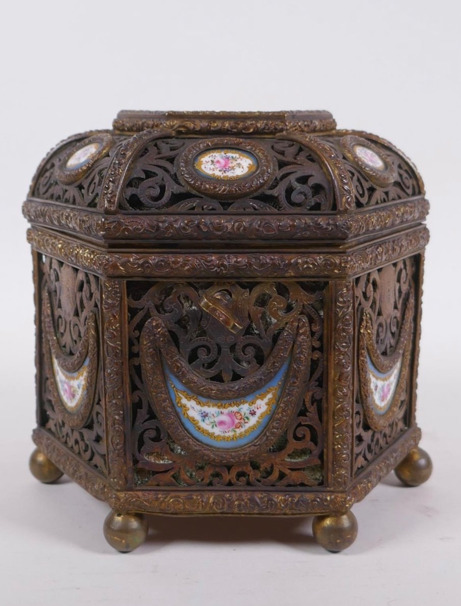 Antique French Casket With Porcelain Plaques,sevres Bronze Box With Plaques For Oriental Market-photo-2