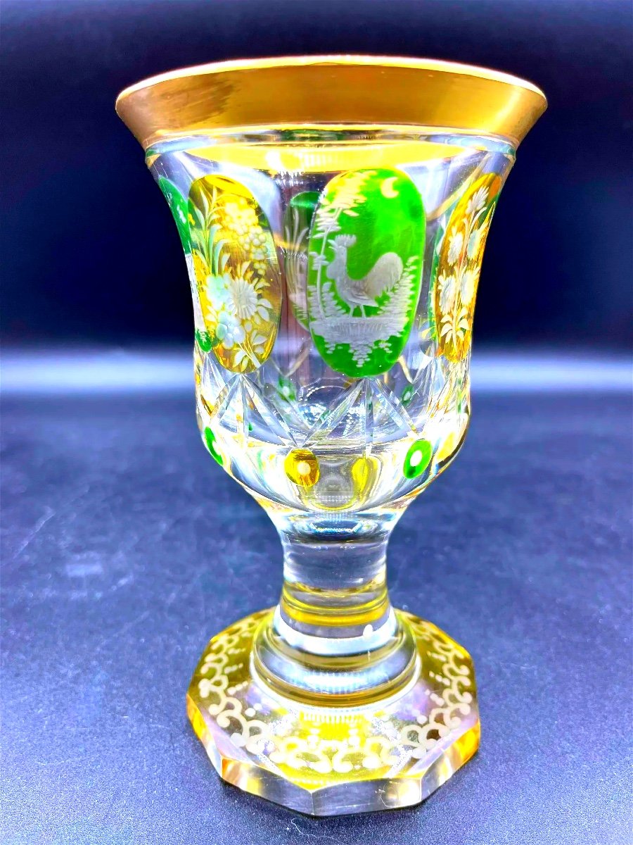 Vase  En Verre De Bohème à Décor Jaune Et Vert, Gravé à l'Intérieur De Médaillon-photo-5