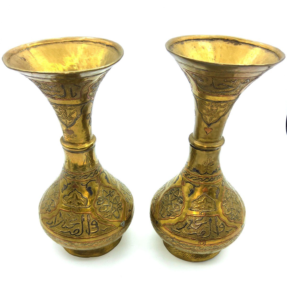 Pair Of Islamic Copper Dilver Inland Vases With Arabic Scri,syria,islamic Market-photo-2