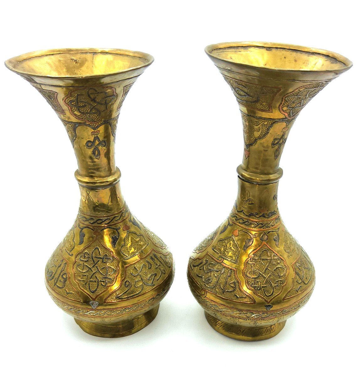 Pair Of Islamic Copper Dilver Inland Vases With Arabic Scri,syria,islamic Market-photo-3