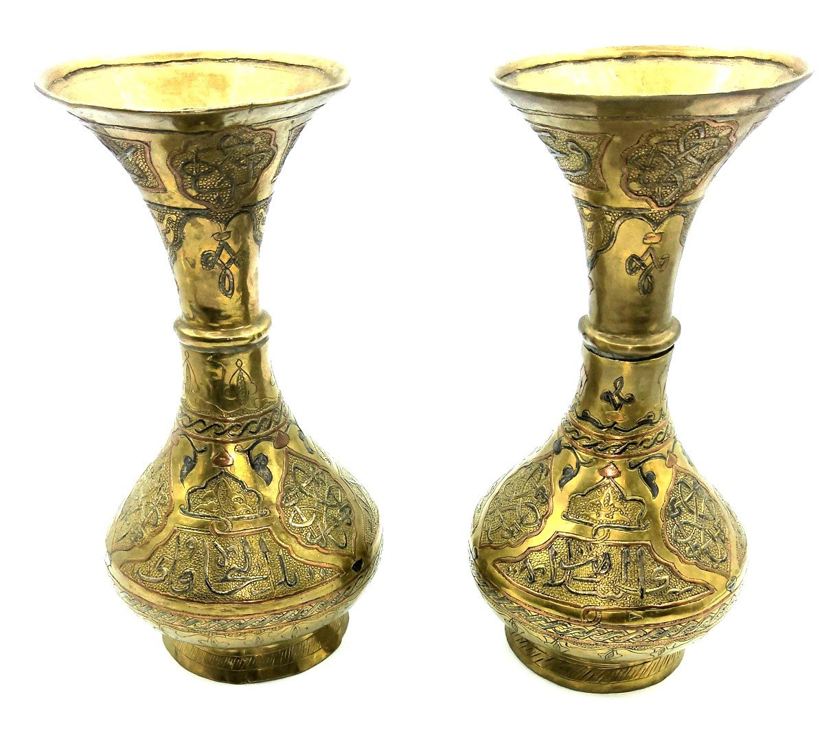 Pair Of Islamic Copper Dilver Inland Vases With Arabic Scri,syria,islamic Market-photo-4