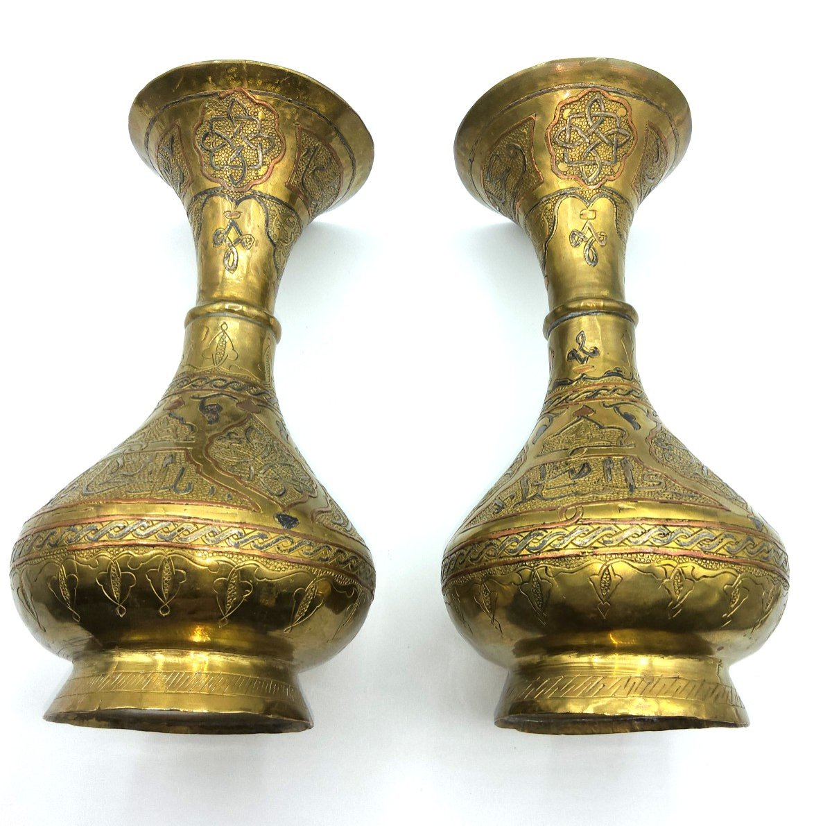 Pair Of Islamic Copper Dilver Inland Vases With Arabic Scri,syria,islamic Market-photo-1