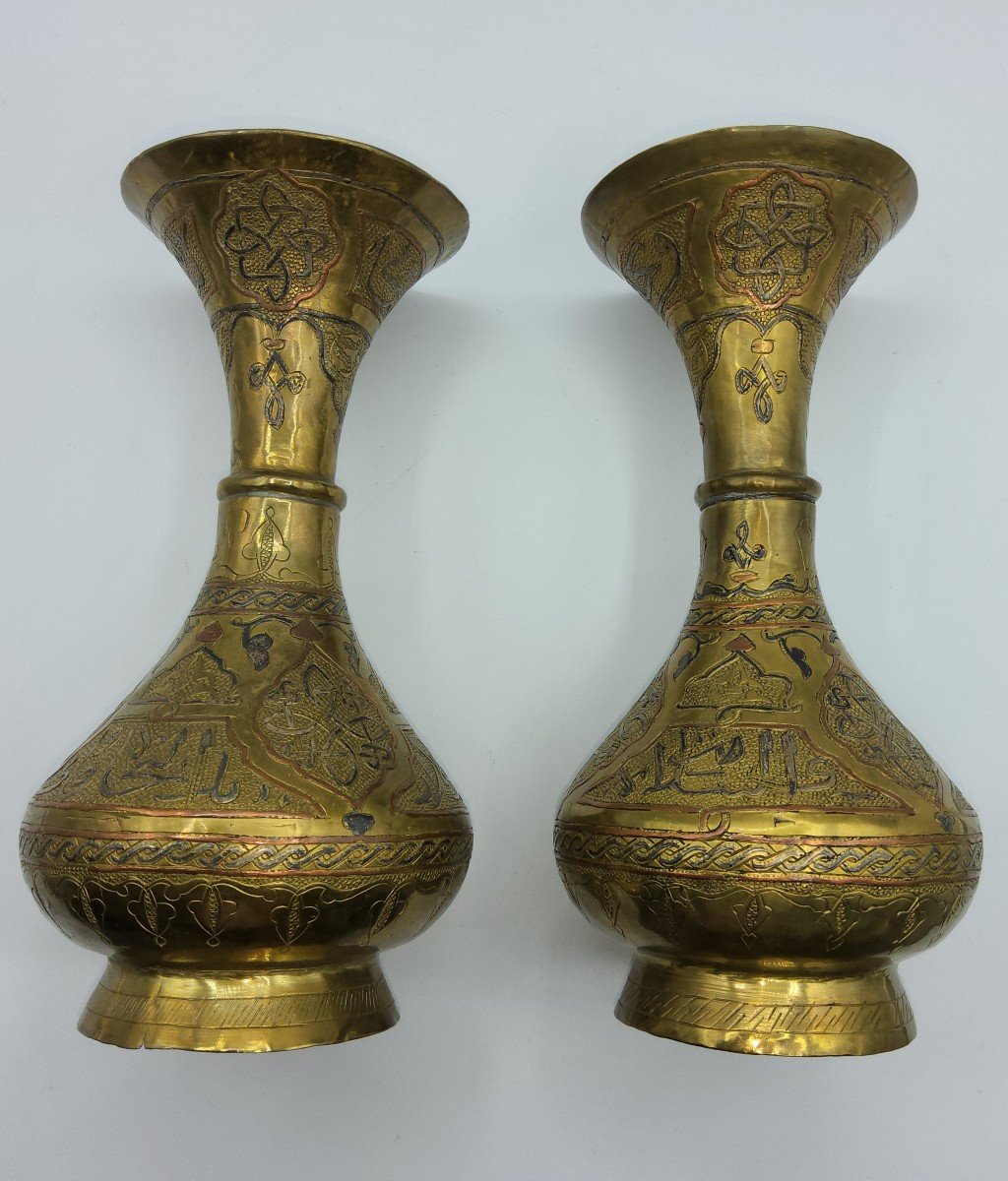 Pair Of Islamic Copper Dilver Inland Vases With Arabic Scri,syria,islamic Market-photo-5