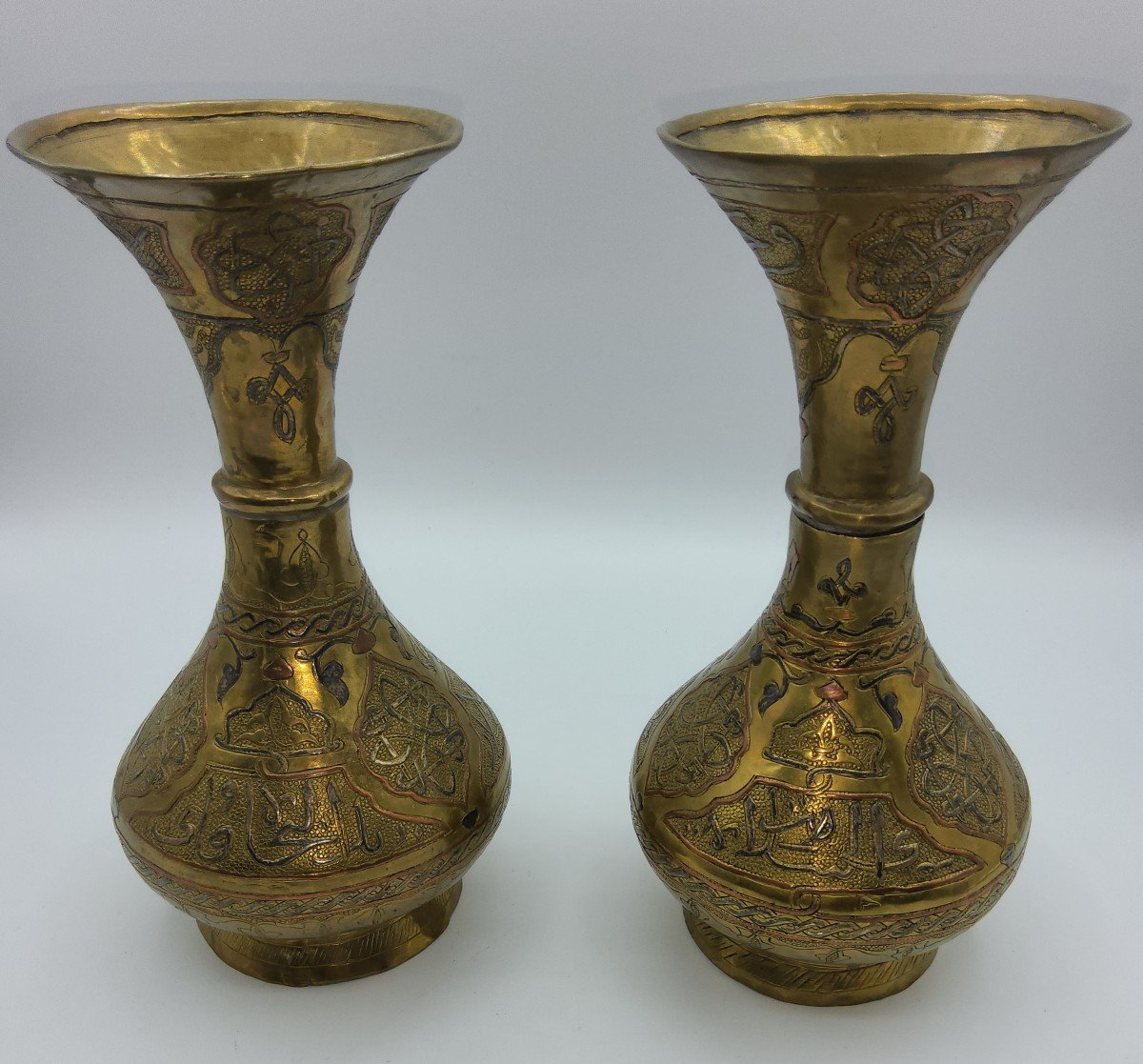 Pair Of Islamic Copper Dilver Inland Vases With Arabic Scri,syria,islamic Market-photo-6