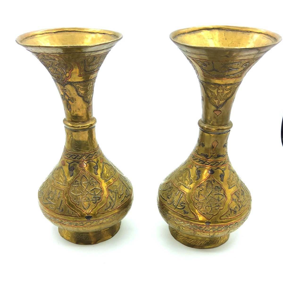 Pair Of Islamic Copper Dilver Inland Vases With Arabic Scri,syria,islamic Market