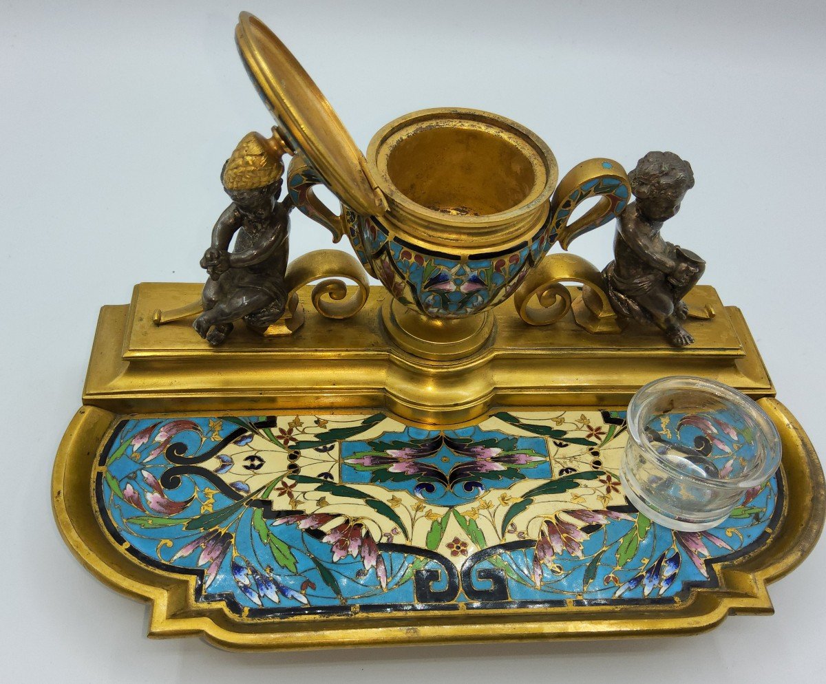 Wonderful Antique French Btonze Enamelled Inkstand Ferdinand Barbedienne -photo-8