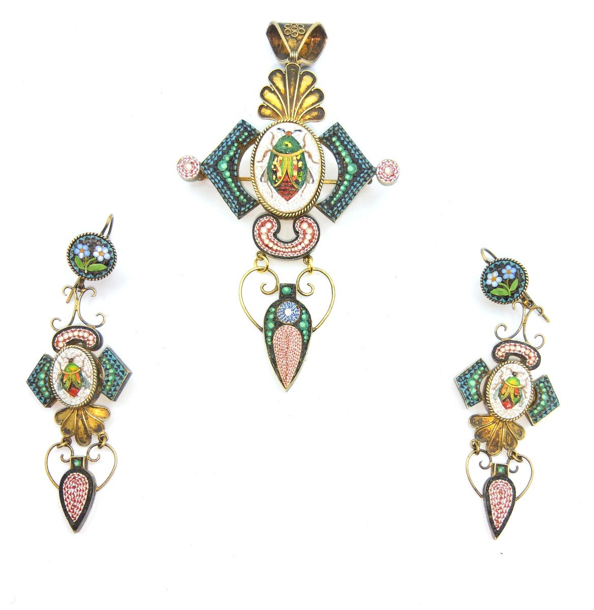 Ensemble Antique Mosaic Scarabee, Pendentif Médaillon Et Boucles d'Oreilles-photo-3