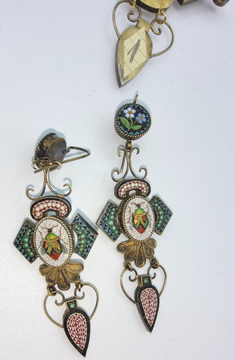 Antique Italian Micromosaic Set With Scarab Beetle Pendant Locket And Earrings -photo-6