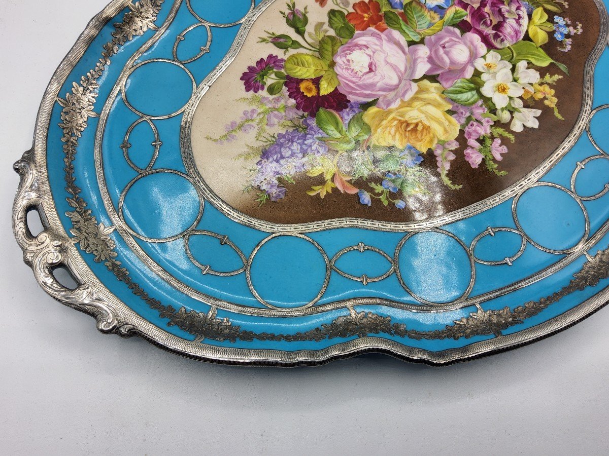 Very Rare Sèvres Style Porcelain Tray Silver Inlaid Hand Painted, Perfect-photo-3