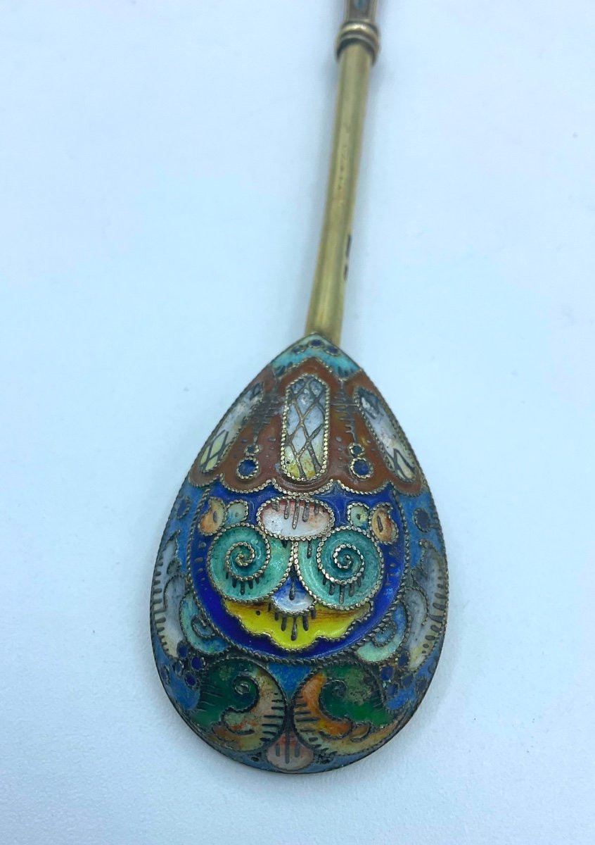 Cuillère à Thé En émail Argenté Antique Russe,gustav Klinger? Russe Art Nouveau -photo-3