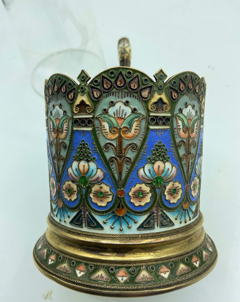 Russe Porte Verre à Thé  à Motif Floral En émail Champlevé Polychrome,magnifique Objet,parfait-photo-1