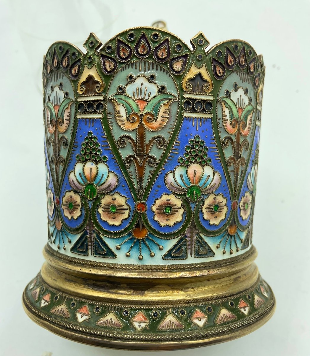 Russe Porte Verre à Thé  à Motif Floral En émail Champlevé Polychrome,magnifique Objet,parfait-photo-3